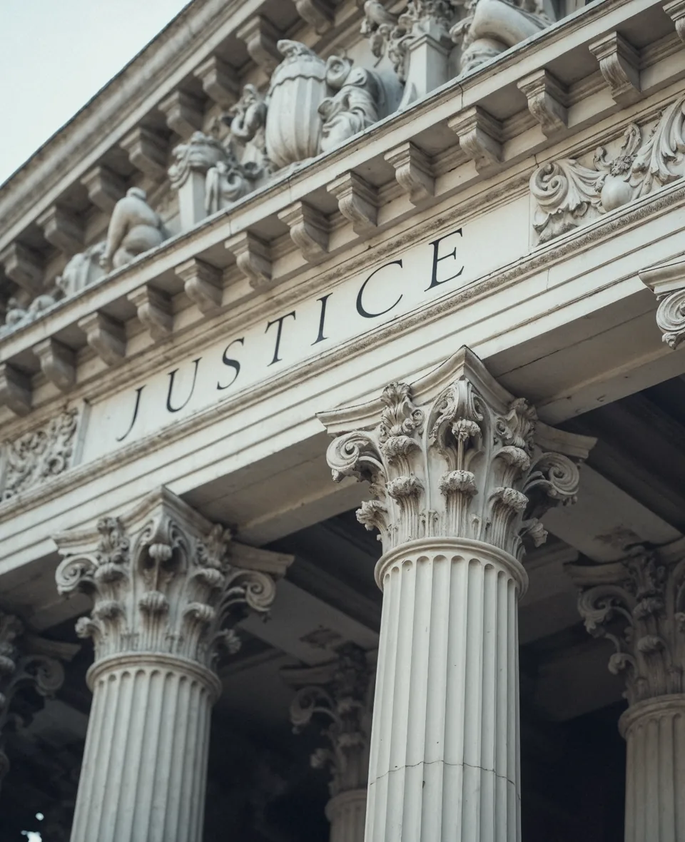Classical courthouse columns beneath an engraved Justice inscription